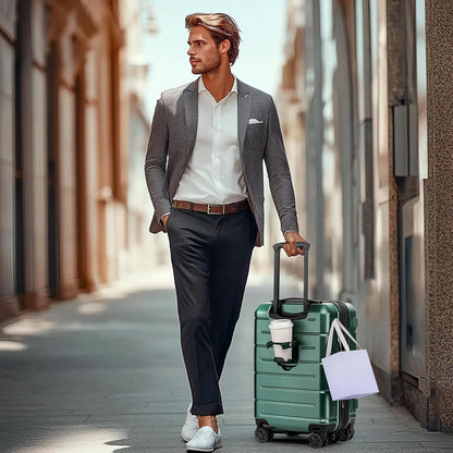 Carry On Luggage 22x14x9 Airline Approved Hardshell Carry On Suitcases with Wheels Travel Rolling 20 Inch Luggage with Cup Holder for Men Women,Carry-on Green