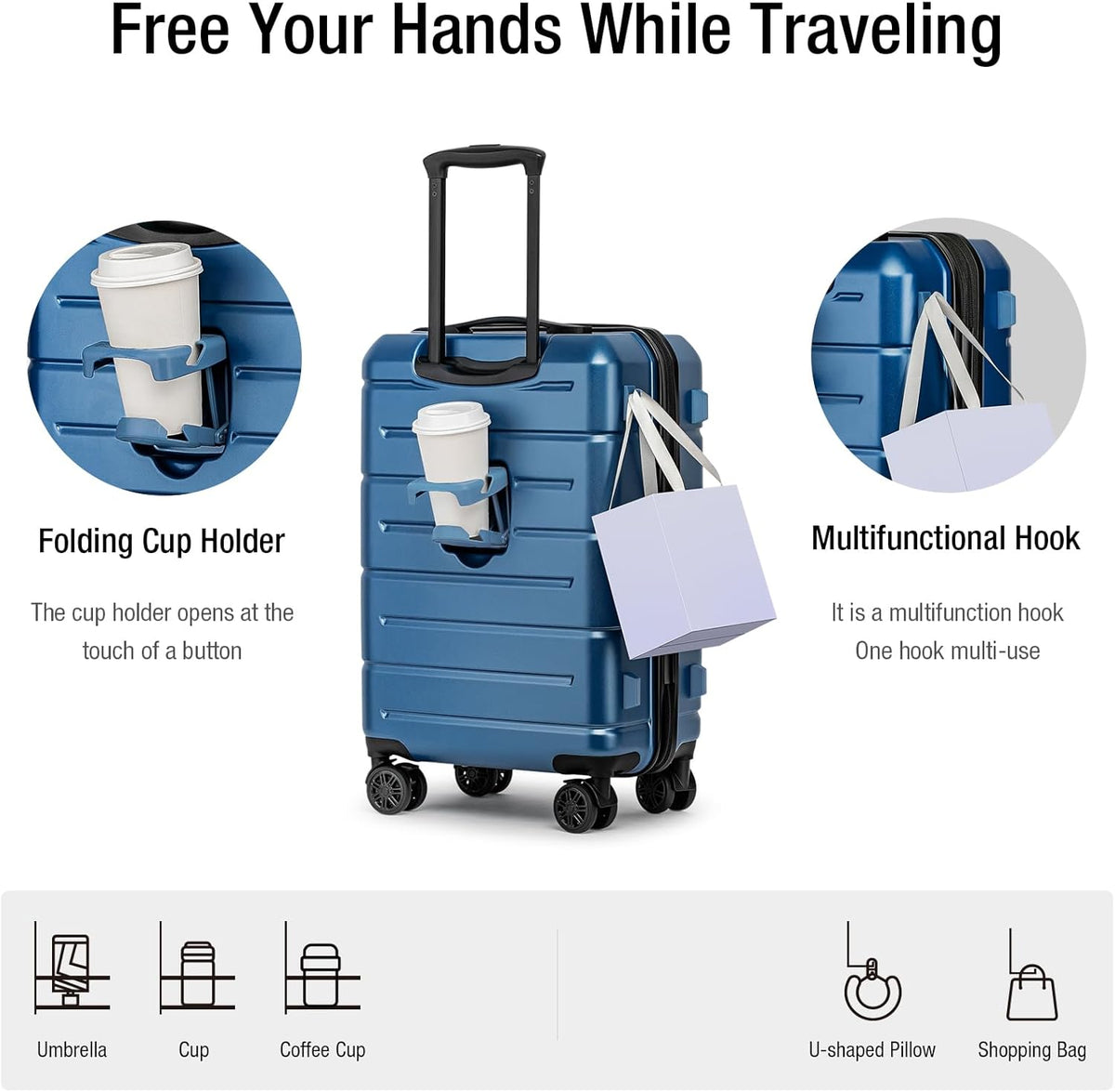 Carry On Luggage 22x14x9 Airline Approved Hardshell Carry On Suitcases with Wheels Travel Rolling 20 Inch Luggage with Cup Holder for Men Women,Carry-on Green