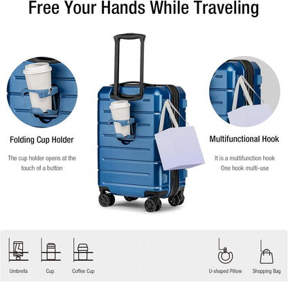 Carry On Luggage 22x14x9 Airline Approved Hardshell Carry On Suitcases with Wheels Travel Rolling 20 Inch Luggage with Cup Holder for Men Women,Carry-on Green