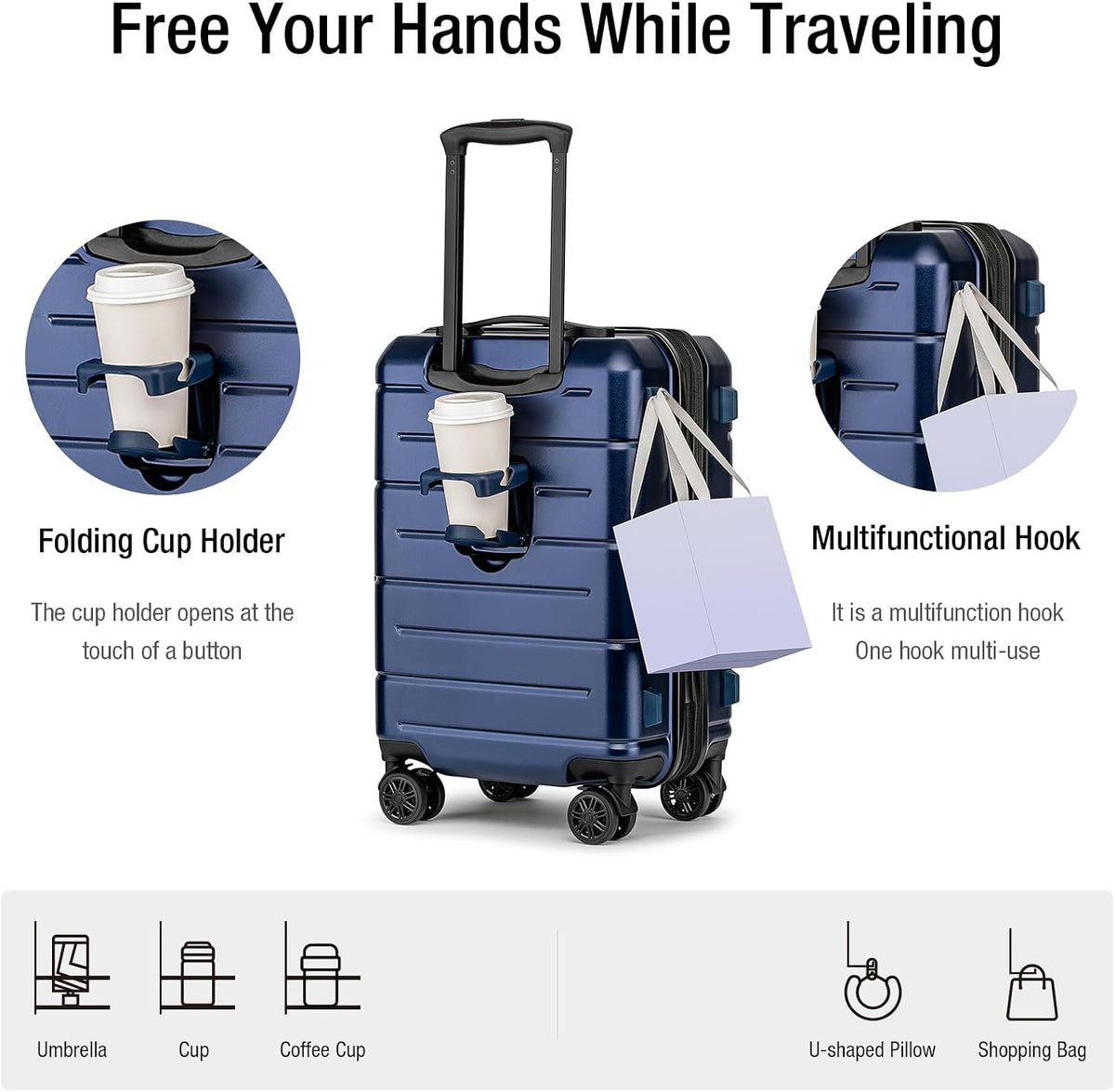 Carry On Luggage 22x14x9 Airline Approved Hardshell Carry On Suitcases with Wheels Travel Rolling 20 Inch Luggage with Cup Holder for Men Women,Carry-on Green