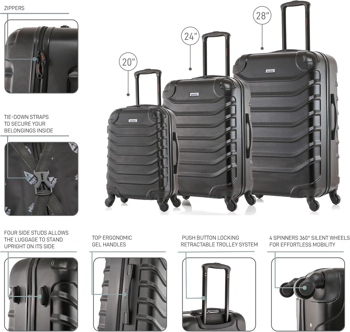 ENDURANCE Luggage with Spinner Wheels | Durable Lightweight Hardshell Suitcase, Spacious Travel Bag with Handle and Trolley | 20-Inch Carry On Small Luggage | Black