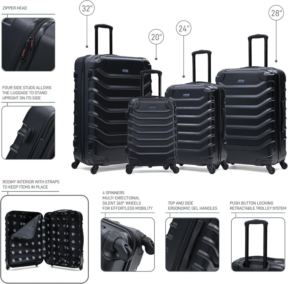 ENDURANCE Luggage with Spinner Wheels | Durable Lightweight Hardshell Suitcase, Spacious Travel Bag with Handle and Trolley | 20-Inch Carry On Small Luggage | Black
