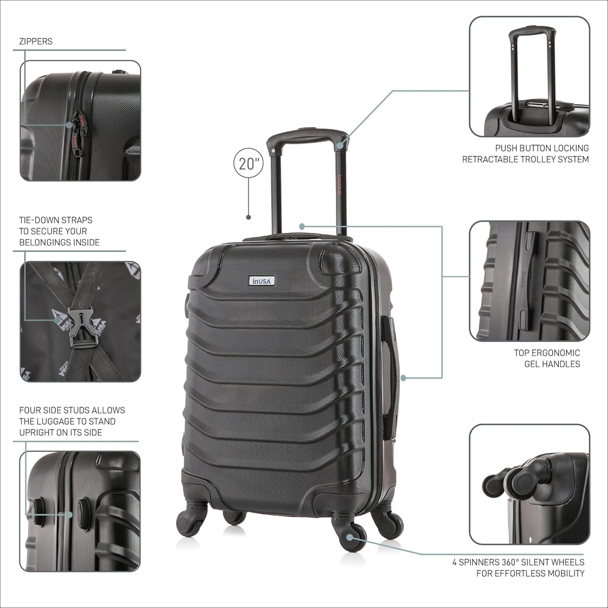 ENDURANCE Luggage with Spinner Wheels | Durable Lightweight Hardshell Suitcase, Spacious Travel Bag with Handle and Trolley | 20-Inch Carry On Small Luggage | Black