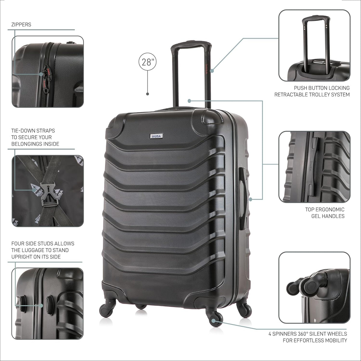 ENDURANCE Luggage with Spinner Wheels | Durable Lightweight Hardshell Suitcase, Spacious Travel Bag with Handle and Trolley | 20-Inch Carry On Small Luggage | Black