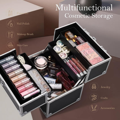 Makeup Train Case Cosmetic Organizer Case Professional Makeup Storage Box 4 Trays with Divider Lockable Travel Case Portable Travel Makeup Box for Makeup Artist, Carfter, Cosmetics Black