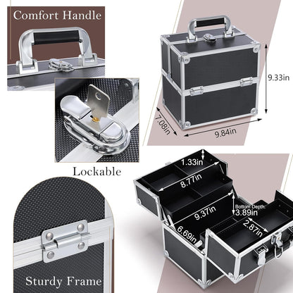 Makeup Train Case Cosmetic Organizer Case Professional Makeup Storage Box 4 Trays with Divider Lockable Travel Case Portable Travel Makeup Box for Makeup Artist, Carfter, Cosmetics Black