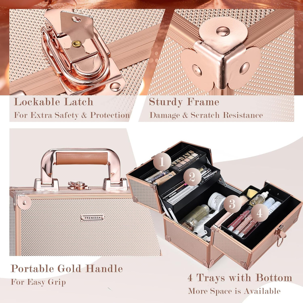 Makeup Train Case Cosmetic Organizer Case Professional Makeup Storage Box 4 Trays with Divider Lockable Travel Case Portable Travel Makeup Box for Makeup Artist, Carfter, Cosmetics Black