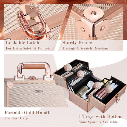 Makeup Train Case Cosmetic Organizer Case Professional Makeup Storage Box 4 Trays with Divider Lockable Travel Case Portable Travel Makeup Box for Makeup Artist, Carfter, Cosmetics Black