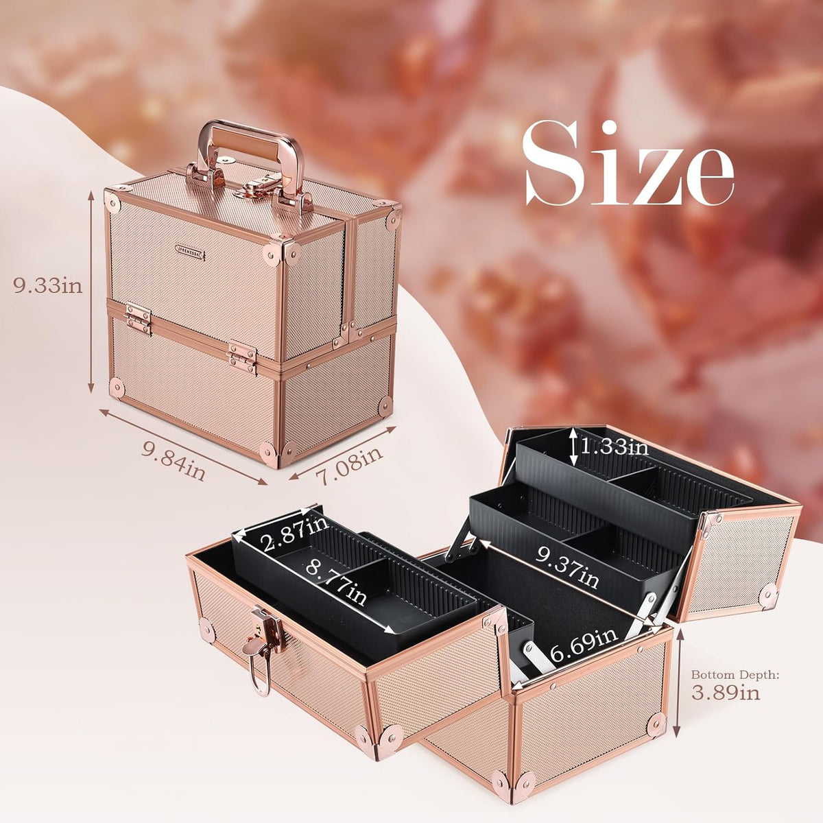 Makeup Train Case Cosmetic Organizer Case Professional Makeup Storage Box 4 Trays with Divider Lockable Travel Case Portable Travel Makeup Box for Makeup Artist, Carfter, Cosmetics Black