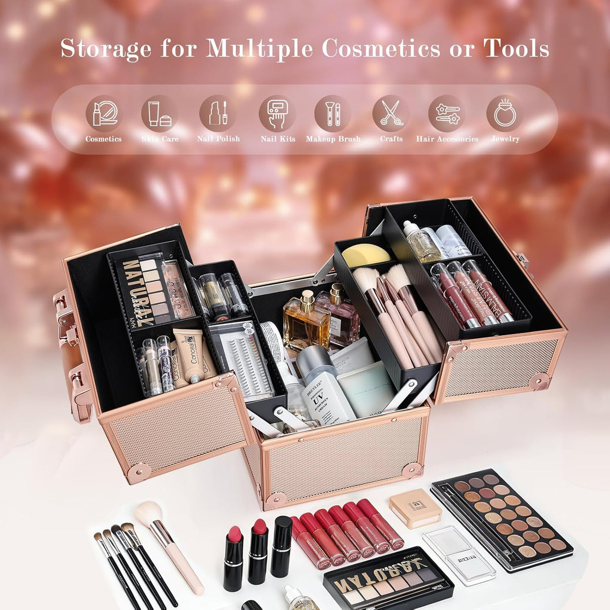 Makeup Train Case Cosmetic Organizer Case Professional Makeup Storage Box 4 Trays with Divider Lockable Travel Case Portable Travel Makeup Box for Makeup Artist, Carfter, Cosmetics Black