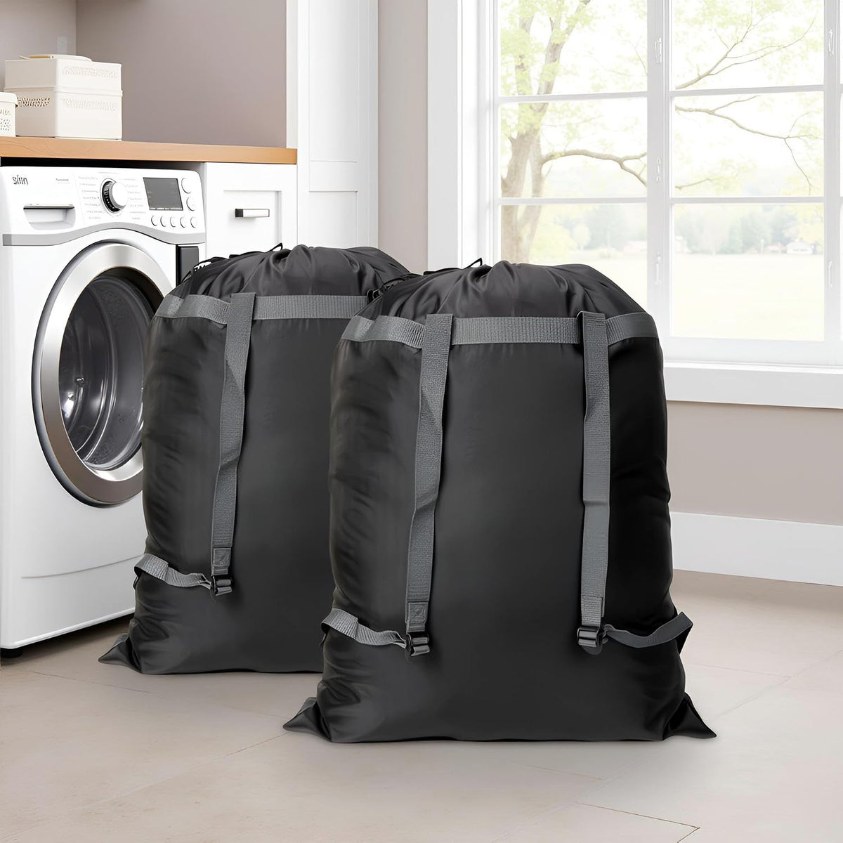 Laundry Bag Backpack, 27” x 34”Sturdy Laundry Bag with Shoulder Straps Drawstring Closure Heavy Duty Foldable Laundry Backpack for College, Travel, Laundromat, Apartment (Army Green)