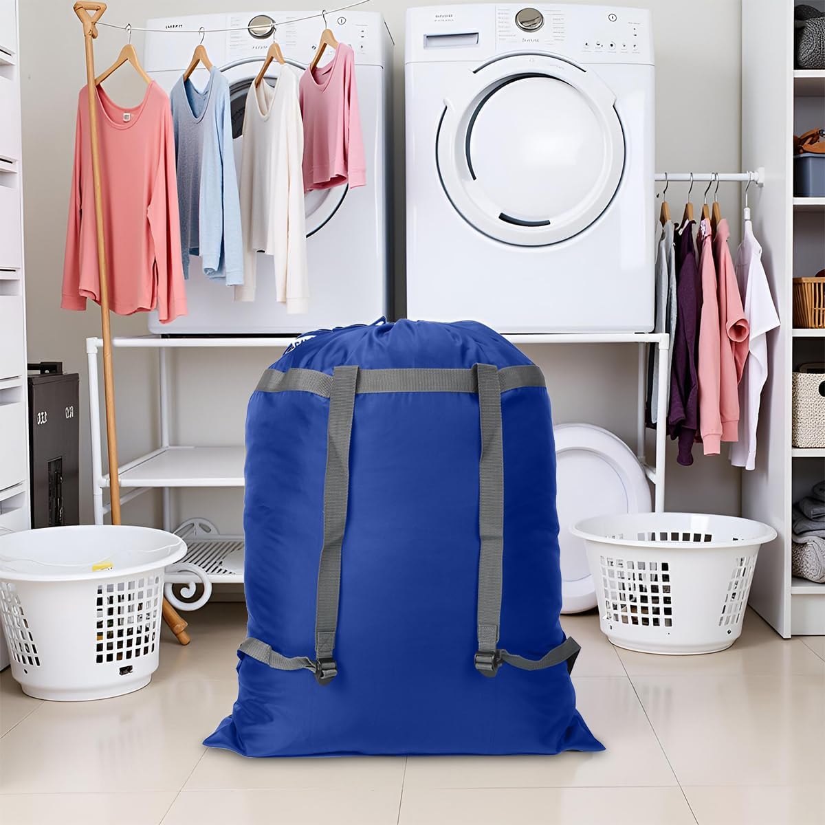 Laundry Bag Backpack, 27” x 34”Sturdy Laundry Bag with Shoulder Straps Drawstring Closure Heavy Duty Foldable Laundry Backpack for College, Travel, Laundromat, Apartment (Army Green)