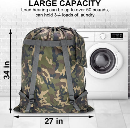 Laundry Bag Backpack, 27” x 34”Sturdy Laundry Bag with Shoulder Straps Drawstring Closure Heavy Duty Foldable Laundry Backpack for College, Travel, Laundromat, Apartment (Army Green)