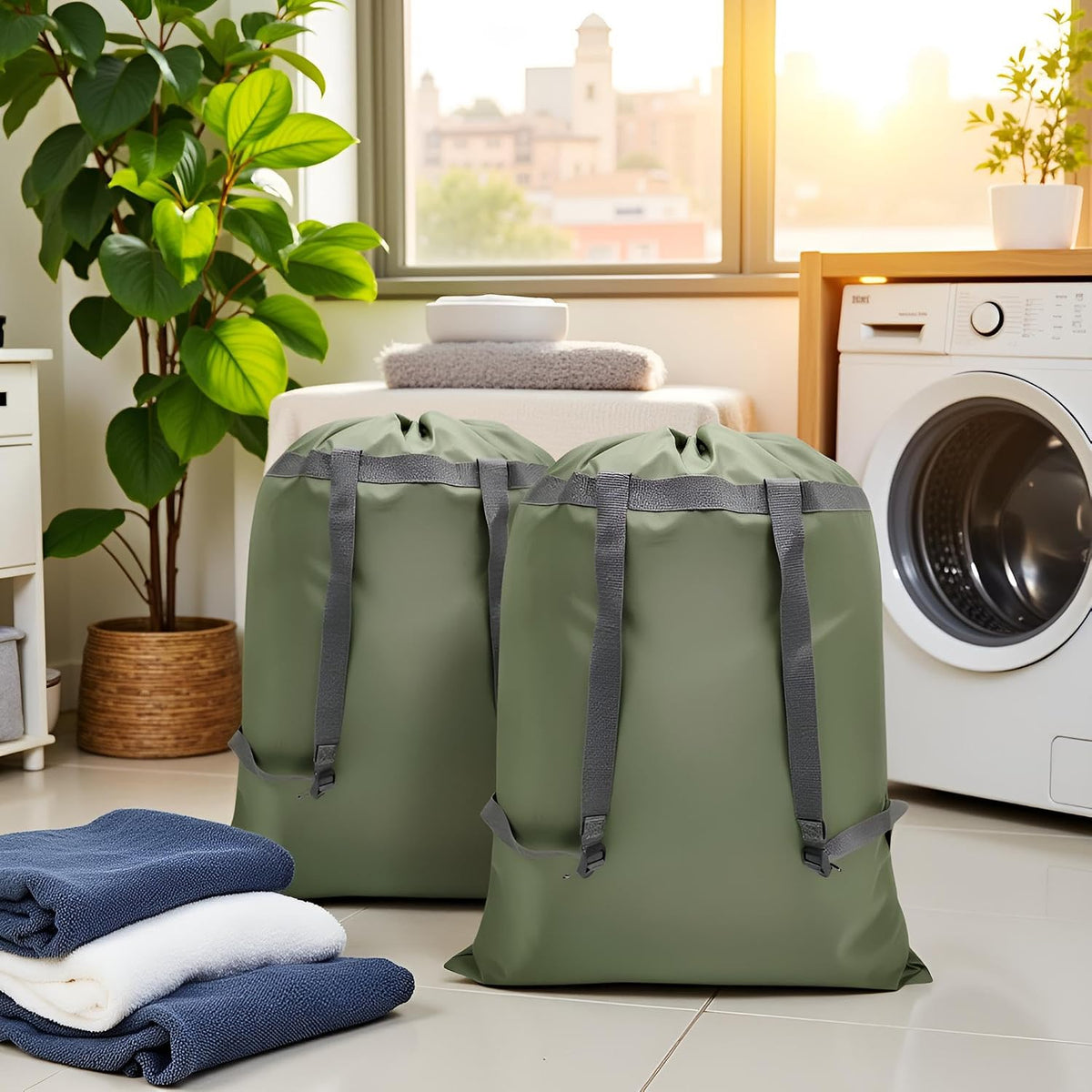 Laundry Bag Backpack, 27” x 34”Sturdy Laundry Bag with Shoulder Straps Drawstring Closure Heavy Duty Foldable Laundry Backpack for College, Travel, Laundromat, Apartment (Army Green)