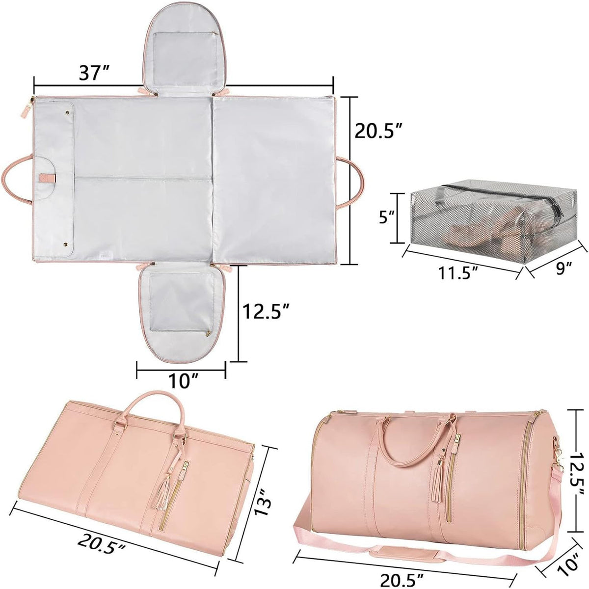 Garment Duffle Bags for Travel, Convertible Carry On Garment Bag with Shoe Compartment, Foldable 2 in 1 Waterproof Garment Duffle Bag, Travel Suit Duffel Bag for Gift-Pink