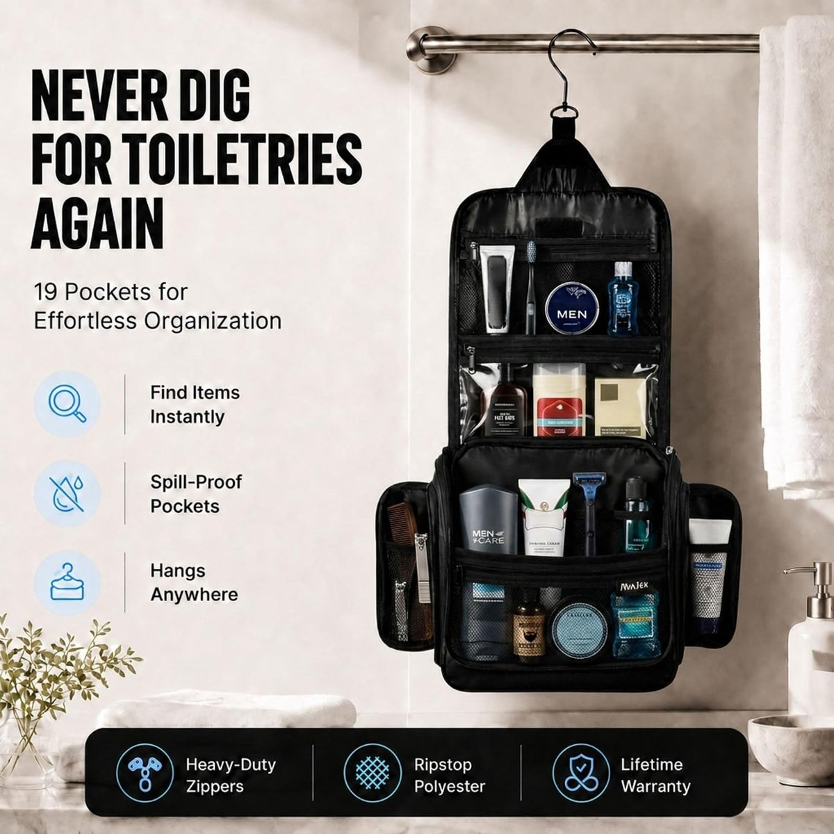 Travel Toiletry Bag for Men - Large Dopp Kit (10.6"x10.6"x3.2") - Hanging Waterproof Mens Hygiene Organizer Bag with XXL Metal Swivel Hook, Sturdy Zippers and 19 Compartments for Toiletries