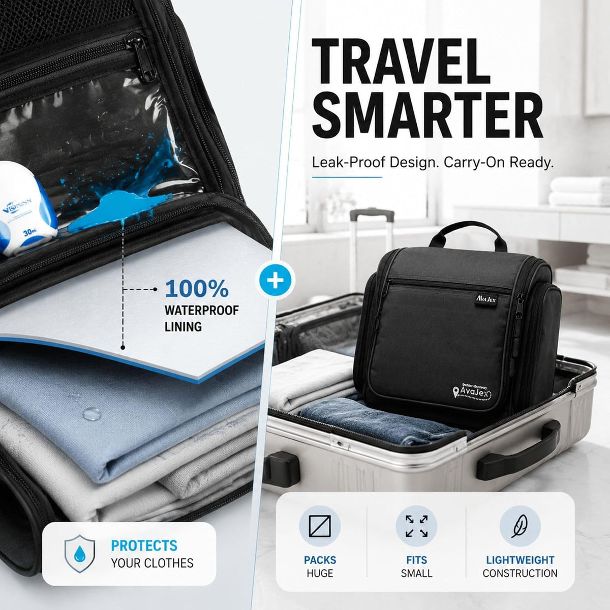 Travel Toiletry Bag for Men - Large Dopp Kit (10.6"x10.6"x3.2") - Hanging Waterproof Mens Hygiene Organizer Bag with XXL Metal Swivel Hook, Sturdy Zippers and 19 Compartments for Toiletries
