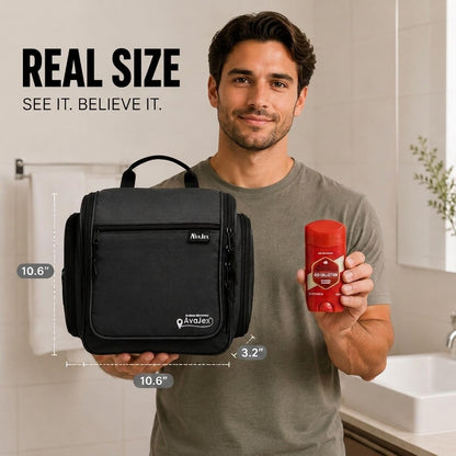 Travel Toiletry Bag for Men - Large Dopp Kit (10.6"x10.6"x3.2") - Hanging Waterproof Mens Hygiene Organizer Bag with XXL Metal Swivel Hook, Sturdy Zippers and 19 Compartments for Toiletries