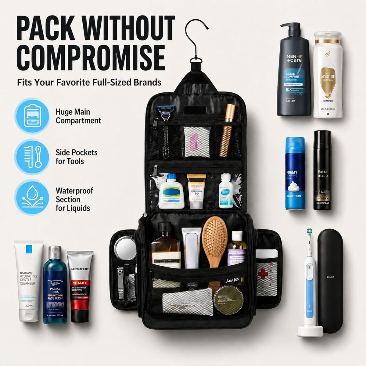 Travel Toiletry Bag for Men - Large Dopp Kit (10.6"x10.6"x3.2") - Hanging Waterproof Mens Hygiene Organizer Bag with XXL Metal Swivel Hook, Sturdy Zippers and 19 Compartments for Toiletries