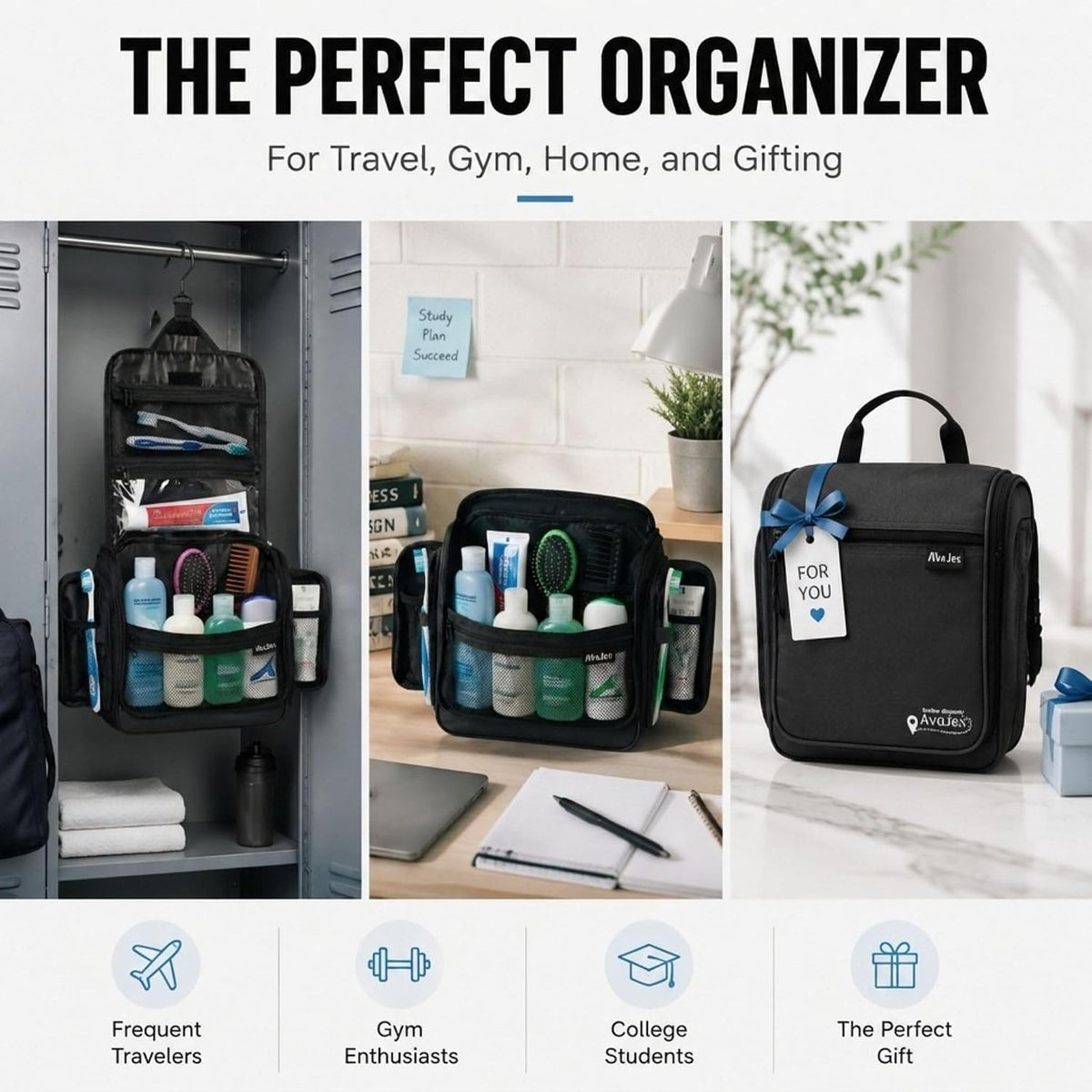 Travel Toiletry Bag for Men - Large Dopp Kit (10.6"x10.6"x3.2") - Hanging Waterproof Mens Hygiene Organizer Bag with XXL Metal Swivel Hook, Sturdy Zippers and 19 Compartments for Toiletries