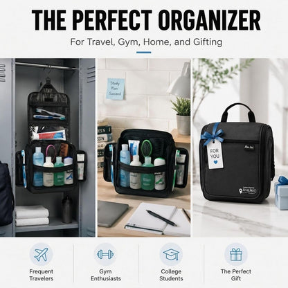 Travel Toiletry Bag for Men - Large Dopp Kit (10.6"x10.6"x3.2") - Hanging Waterproof Mens Hygiene Organizer Bag with XXL Metal Swivel Hook, Sturdy Zippers and 19 Compartments for Toiletries