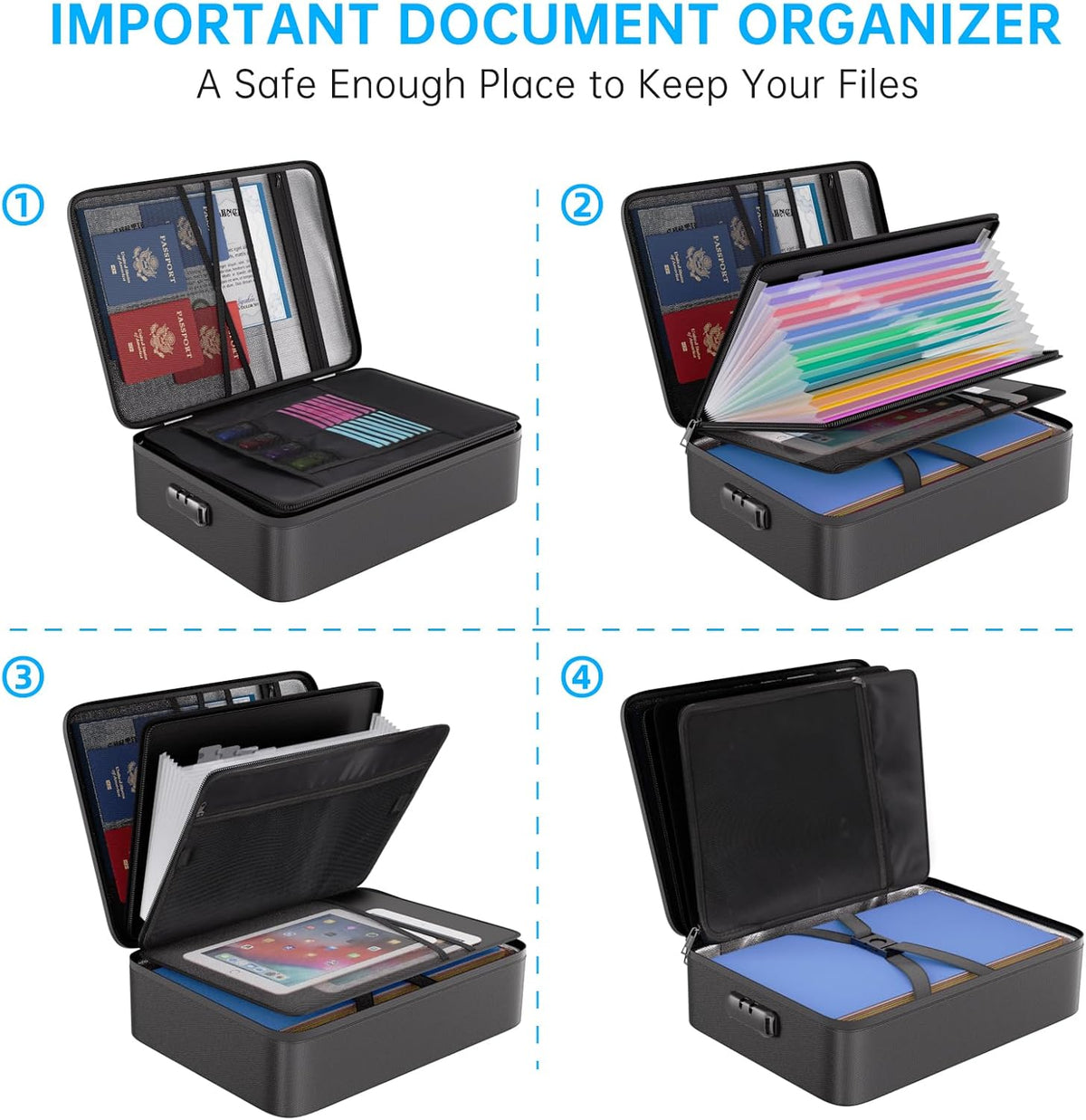 Fireproof Document Organizer Bag with Lock ＆ Accordion File Folder | 5200℉ Multi-Layer File Organizer Box with Lock ,Heat Insulated, Water Resistant, Safe Storage for Home Office Travel, Black