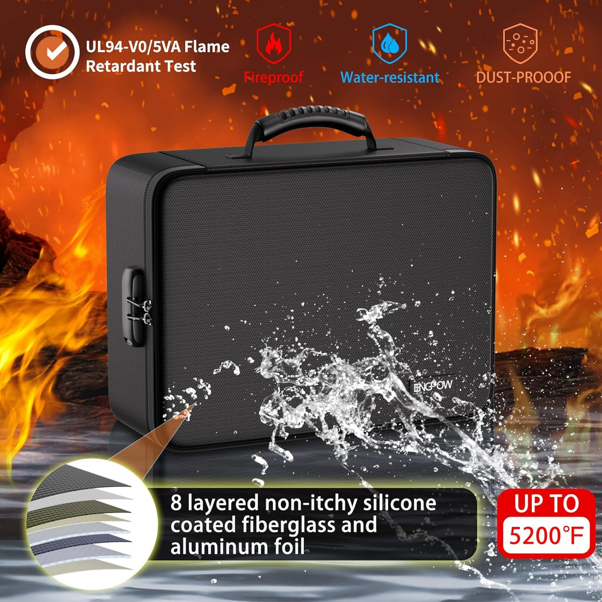 Fireproof Document Organizer Bag with Lock ＆ Accordion File Folder | 5200℉ Multi-Layer File Organizer Box with Lock ,Heat Insulated, Water Resistant, Safe Storage for Home Office Travel, Black