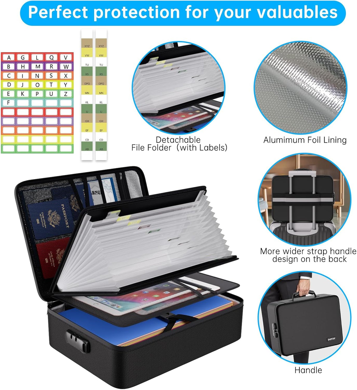Fireproof Document Organizer Bag with Lock ＆ Accordion File Folder | 5200℉ Multi-Layer File Organizer Box with Lock ,Heat Insulated, Water Resistant, Safe Storage for Home Office Travel, Black