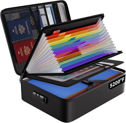 Fireproof Document Organizer Bag with Lock ＆ Accordion File Folder | 5200℉ Multi-Layer File Organizer Box with Lock ,Heat Insulated, Water Resistant, Safe Storage for Home Office Travel, Black