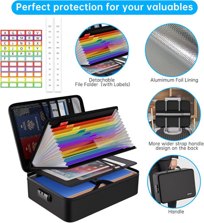 Fireproof Document Organizer Bag with Lock ＆ Accordion File Folder | 5200℉ Multi-Layer File Organizer Box with Lock ,Heat Insulated, Water Resistant, Safe Storage for Home Office Travel, Black