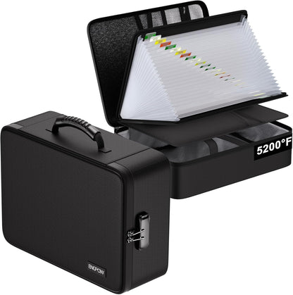 Fireproof Document Organizer Bag with Lock ＆ Accordion File Folder | 5200℉ Multi-Layer File Organizer Box with Lock ,Heat Insulated, Water Resistant, Safe Storage for Home Office Travel, Black