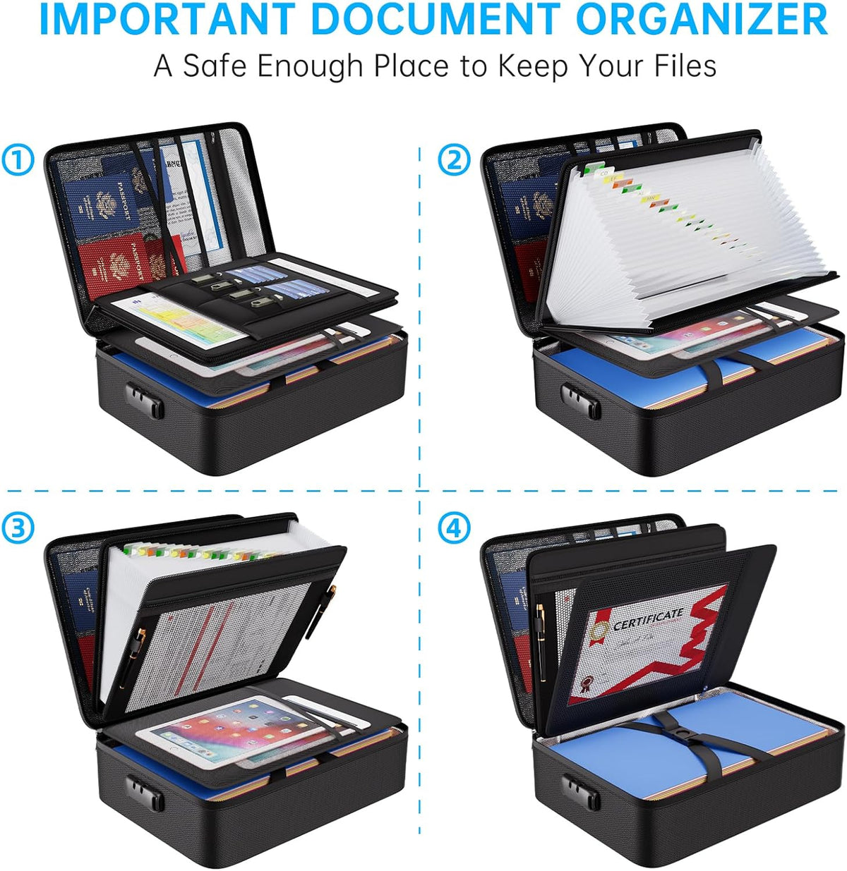Fireproof Document Organizer Bag with Lock ＆ Accordion File Folder | 5200℉ Multi-Layer File Organizer Box with Lock ,Heat Insulated, Water Resistant, Safe Storage for Home Office Travel, Black