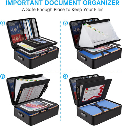 Fireproof Document Organizer Bag with Lock ＆ Accordion File Folder | 5200℉ Multi-Layer File Organizer Box with Lock ,Heat Insulated, Water Resistant, Safe Storage for Home Office Travel, Black