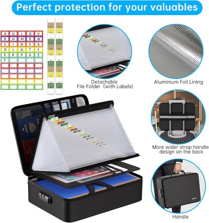 Fireproof Document Organizer Bag with Lock ＆ Accordion File Folder | 5200℉ Multi-Layer File Organizer Box with Lock ,Heat Insulated, Water Resistant, Safe Storage for Home Office Travel, Black