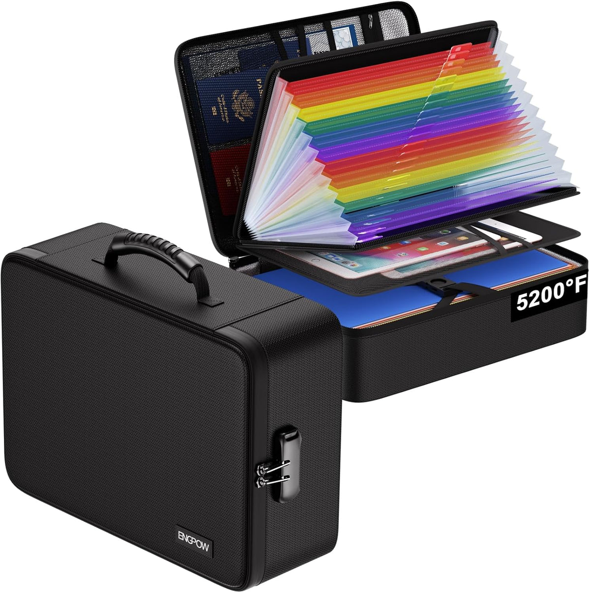 Fireproof Document Organizer Bag with Lock ＆ Accordion File Folder | 5200℉ Multi-Layer File Organizer Box with Lock ,Heat Insulated, Water Resistant, Safe Storage for Home Office Travel, Black
