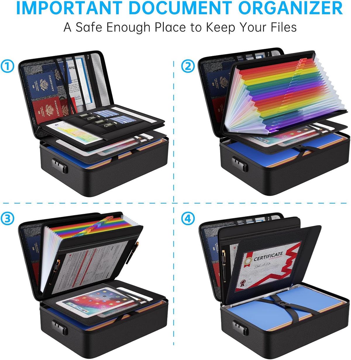 Fireproof Document Organizer Bag with Lock ＆ Accordion File Folder | 5200℉ Multi-Layer File Organizer Box with Lock ,Heat Insulated, Water Resistant, Safe Storage for Home Office Travel, Black