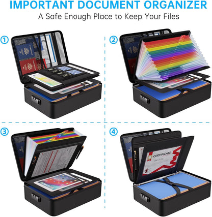 Fireproof Document Organizer Bag with Lock ＆ Accordion File Folder | 5200℉ Multi-Layer File Organizer Box with Lock ,Heat Insulated, Water Resistant, Safe Storage for Home Office Travel, Black