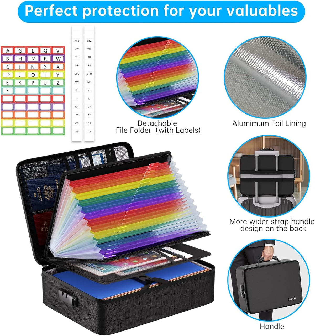 Fireproof Document Organizer Bag with Lock ＆ Accordion File Folder | 5200℉ Multi-Layer File Organizer Box with Lock ,Heat Insulated, Water Resistant, Safe Storage for Home Office Travel, Black