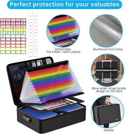 Fireproof Document Organizer Bag with Lock ＆ Accordion File Folder | 5200℉ Multi-Layer File Organizer Box with Lock ,Heat Insulated, Water Resistant, Safe Storage for Home Office Travel, Black