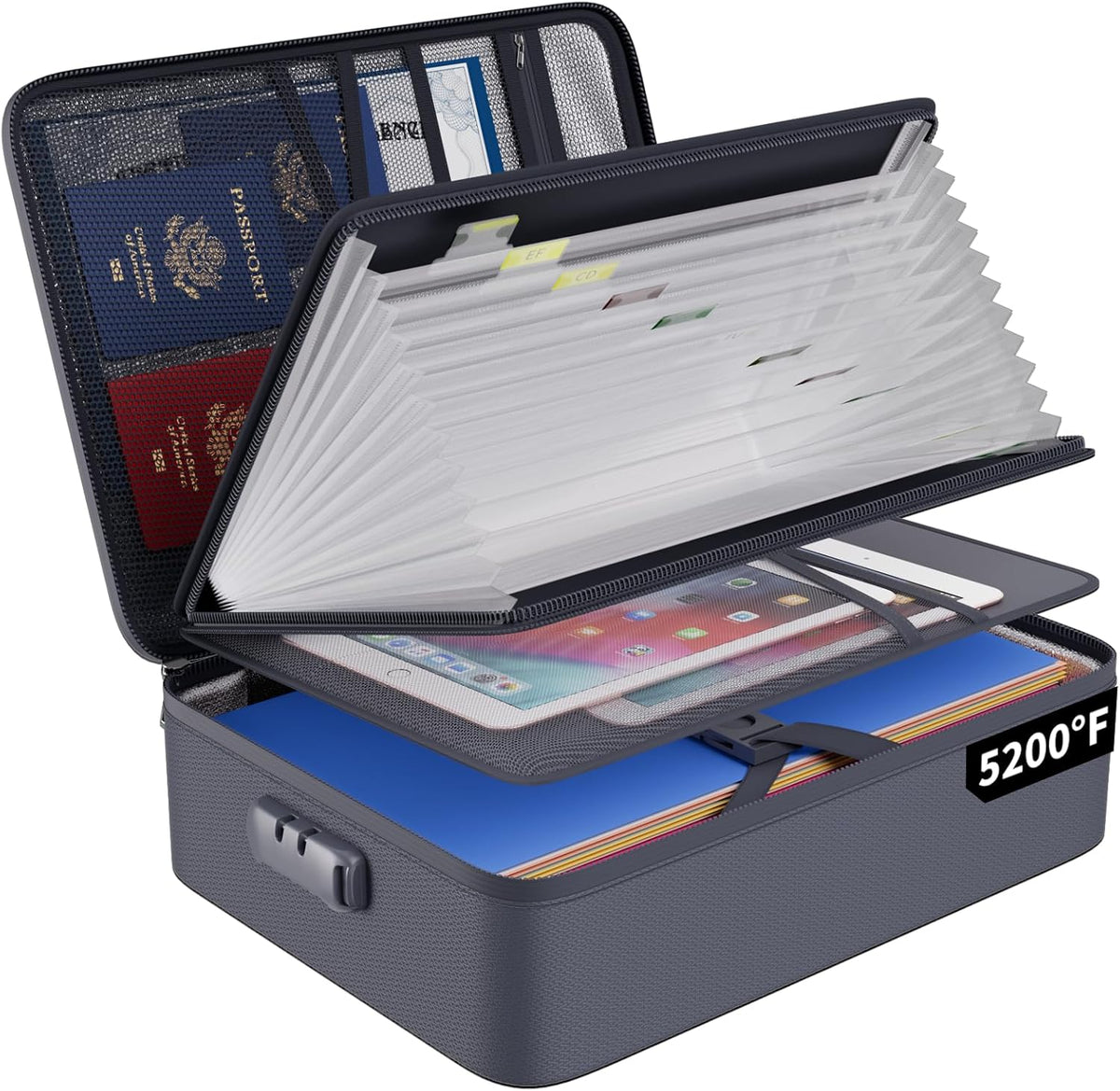 Fireproof Document Organizer Bag with Lock ＆ Accordion File Folder | 5200℉ Multi-Layer File Organizer Box with Lock ,Heat Insulated, Water Resistant, Safe Storage for Home Office Travel, Black