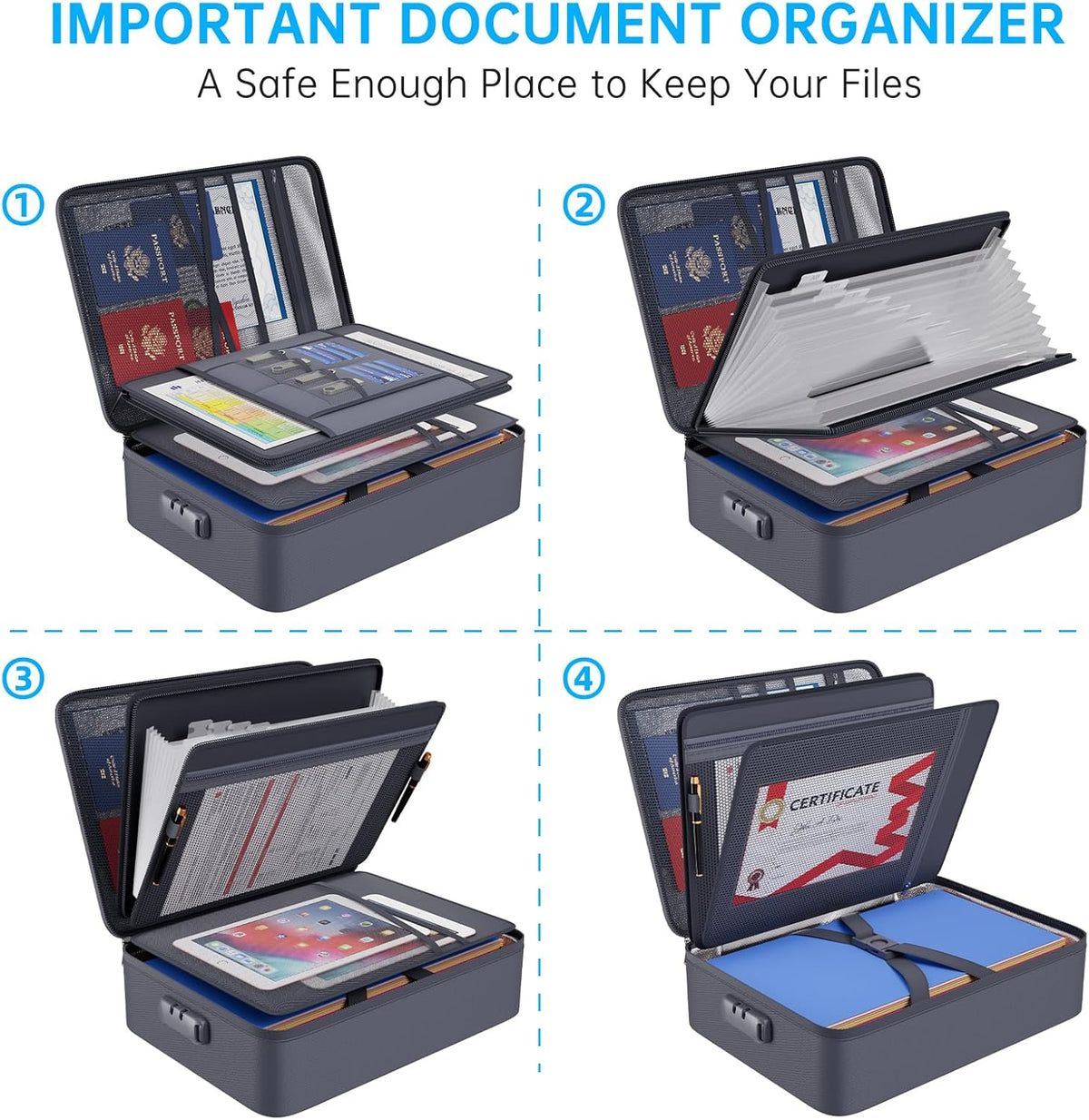 Fireproof Document Organizer Bag with Lock ＆ Accordion File Folder | 5200℉ Multi-Layer File Organizer Box with Lock ,Heat Insulated, Water Resistant, Safe Storage for Home Office Travel, Black