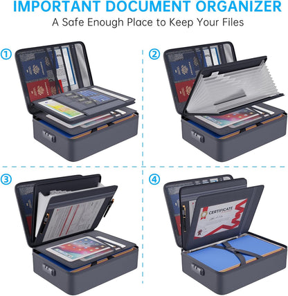 Fireproof Document Organizer Bag with Lock ＆ Accordion File Folder | 5200℉ Multi-Layer File Organizer Box with Lock ,Heat Insulated, Water Resistant, Safe Storage for Home Office Travel, Black