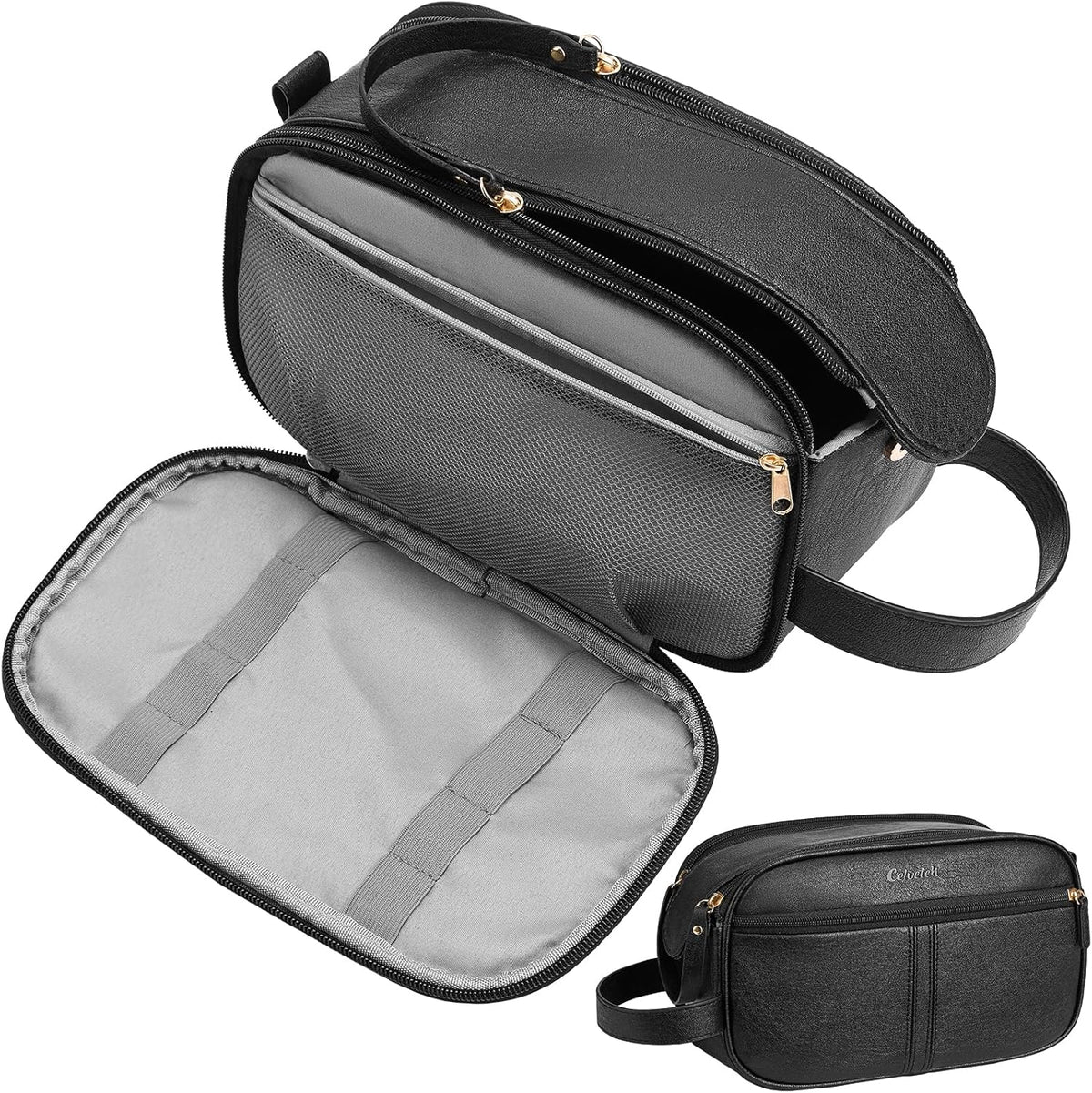 PU Leather Toiletry Bag for Men, Water Resistant Travel Toiletry Organizer for grooming, Shaving Bag for Toiletries Accessories, Bathroom Essentials - Black