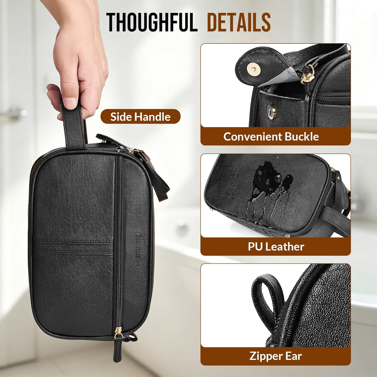 PU Leather Toiletry Bag for Men, Water Resistant Travel Toiletry Organizer for grooming, Shaving Bag for Toiletries Accessories, Bathroom Essentials - Black