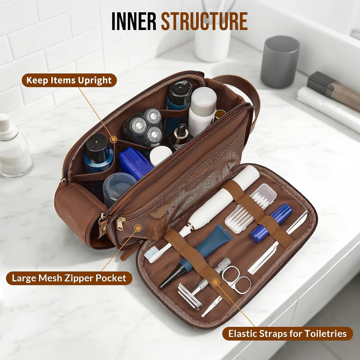 PU Leather Toiletry Bag for Men, Water Resistant Travel Toiletry Organizer for grooming, Shaving Bag for Toiletries Accessories, Bathroom Essentials - Black