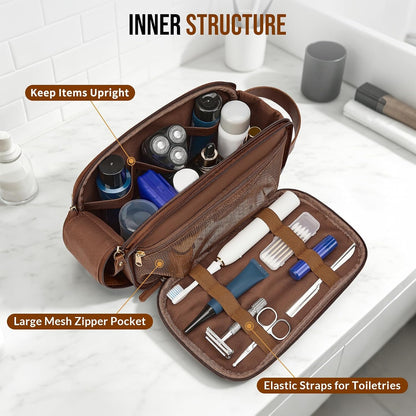 PU Leather Toiletry Bag for Men, Water Resistant Travel Toiletry Organizer for grooming, Shaving Bag for Toiletries Accessories, Bathroom Essentials - Black