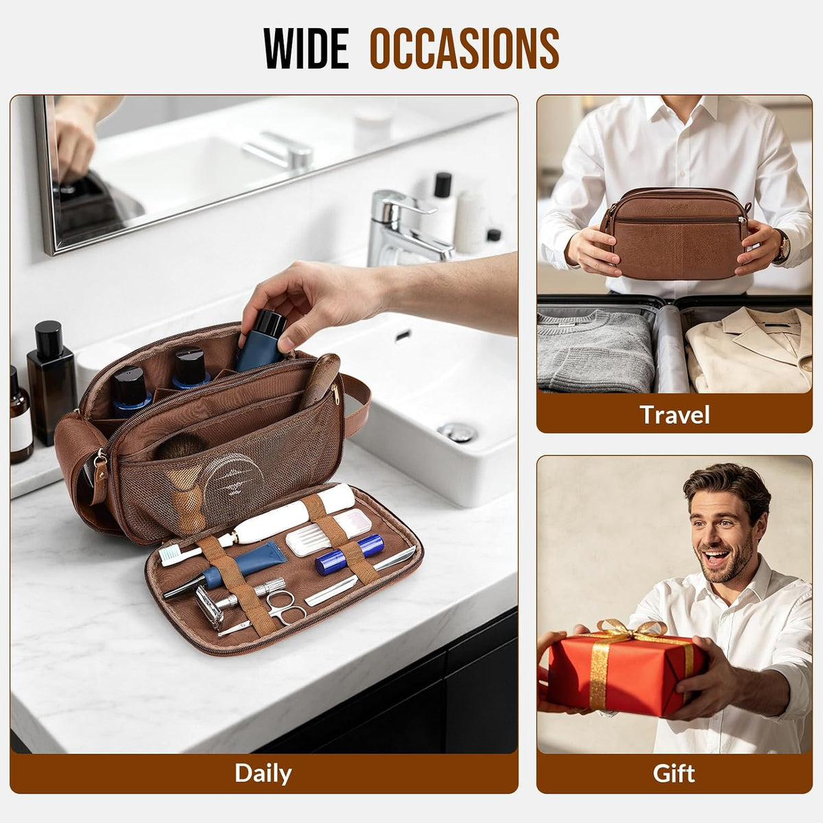 PU Leather Toiletry Bag for Men, Water Resistant Travel Toiletry Organizer for grooming, Shaving Bag for Toiletries Accessories, Bathroom Essentials - Black