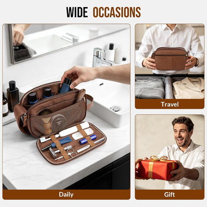 PU Leather Toiletry Bag for Men, Water Resistant Travel Toiletry Organizer for grooming, Shaving Bag for Toiletries Accessories, Bathroom Essentials - Black
