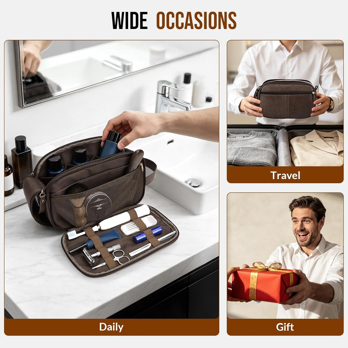 PU Leather Toiletry Bag for Men, Water Resistant Travel Toiletry Organizer for grooming, Shaving Bag for Toiletries Accessories, Bathroom Essentials - Black