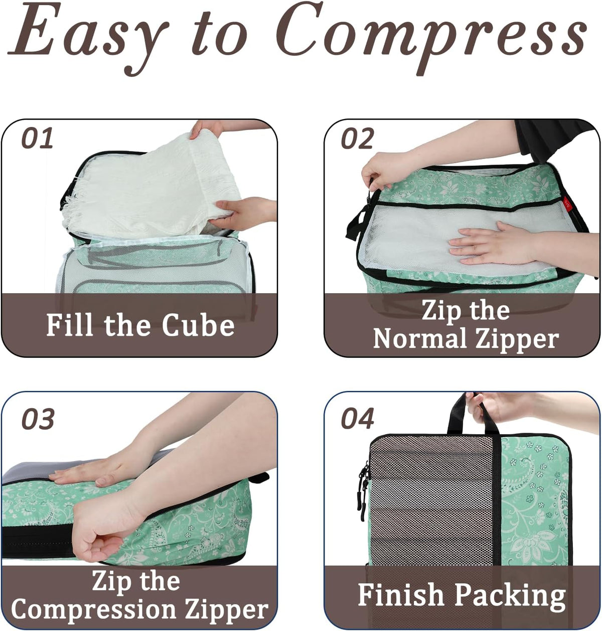 Compression Packing Cubes - Ultralight Travel Organizers with Laundry Bag, Space-Saving Suitcase Organizer, Expandable Packing Cubes for Travel and Family Vacation (Paisley Pattern)